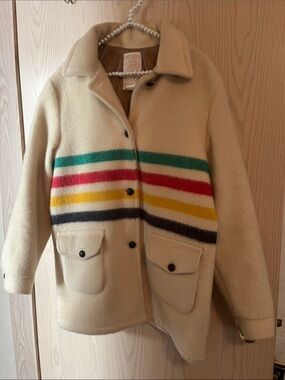 Cream Wool Blend Pea Coat with Multicolor Stripes